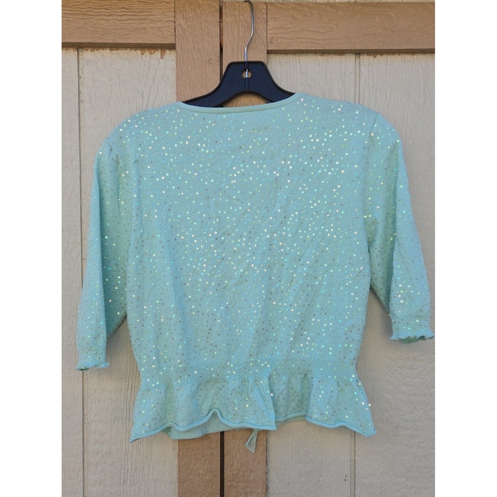 Vintage Cottage Core Coquette Sequin Cardigan Mint Green Peplum Fairy Garden - Picture 5 of 5